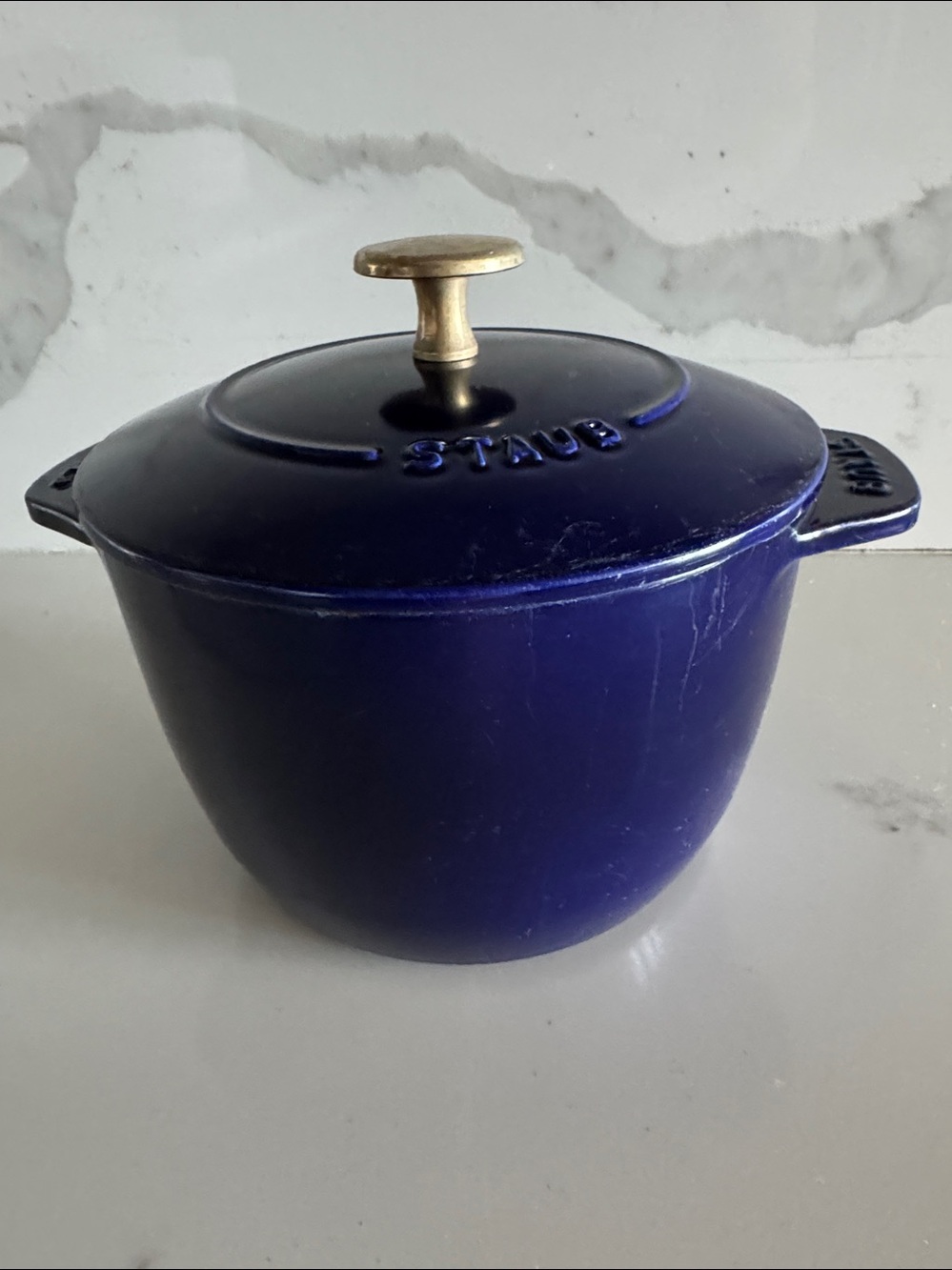 Staub Navy Blue Cast Iron Petite French Oven with Brass Knob